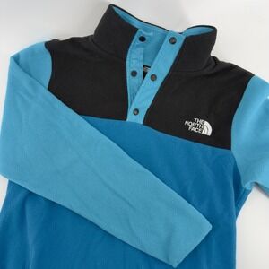 The North Face Kids Fleece Pullover Jacket Blue Black Snap Neck Logo Sz M